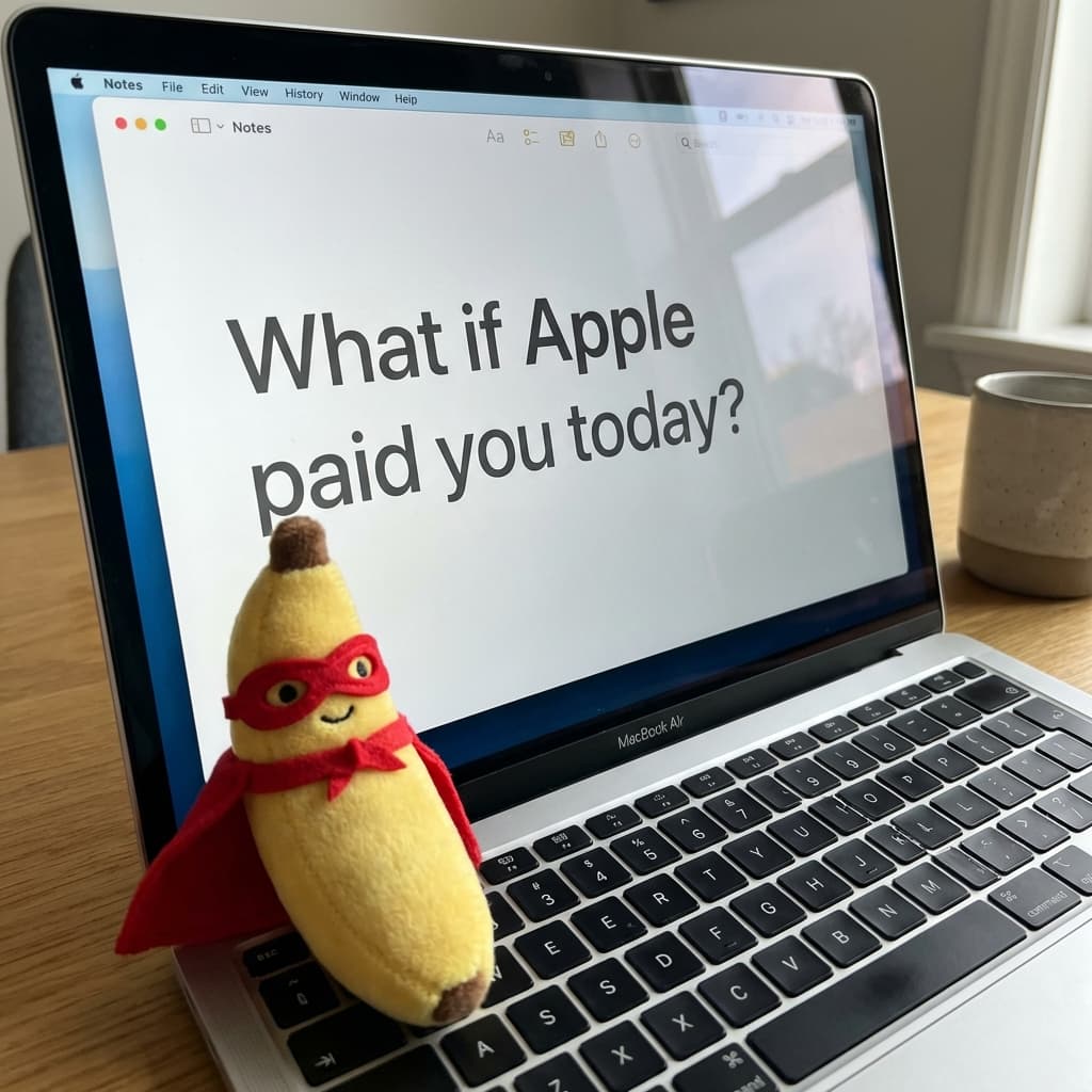 MacBook screen asking: What if Apple paid you today?