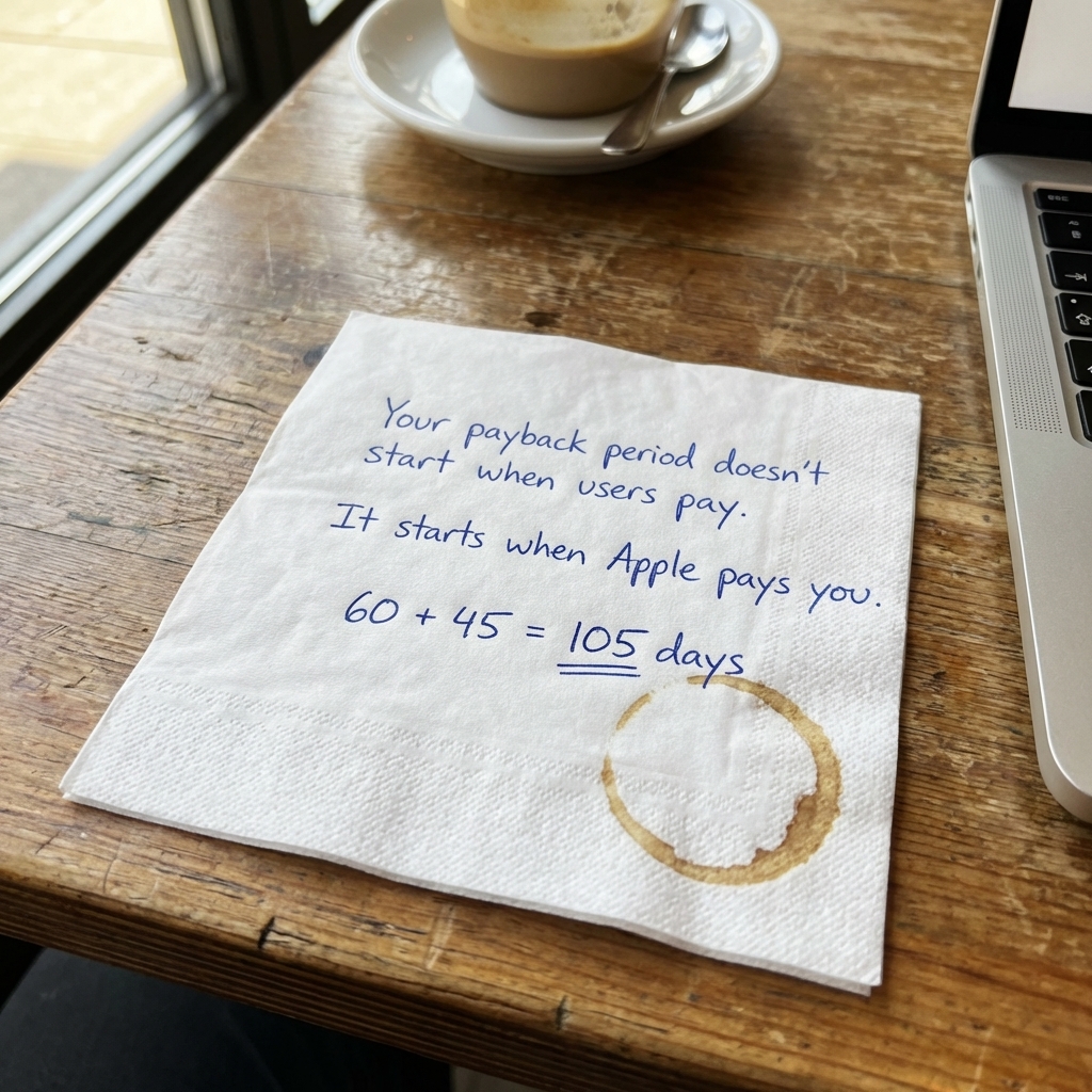 Napkin calculation showing 60 days payout delay plus 45 days payback equals 105 days total