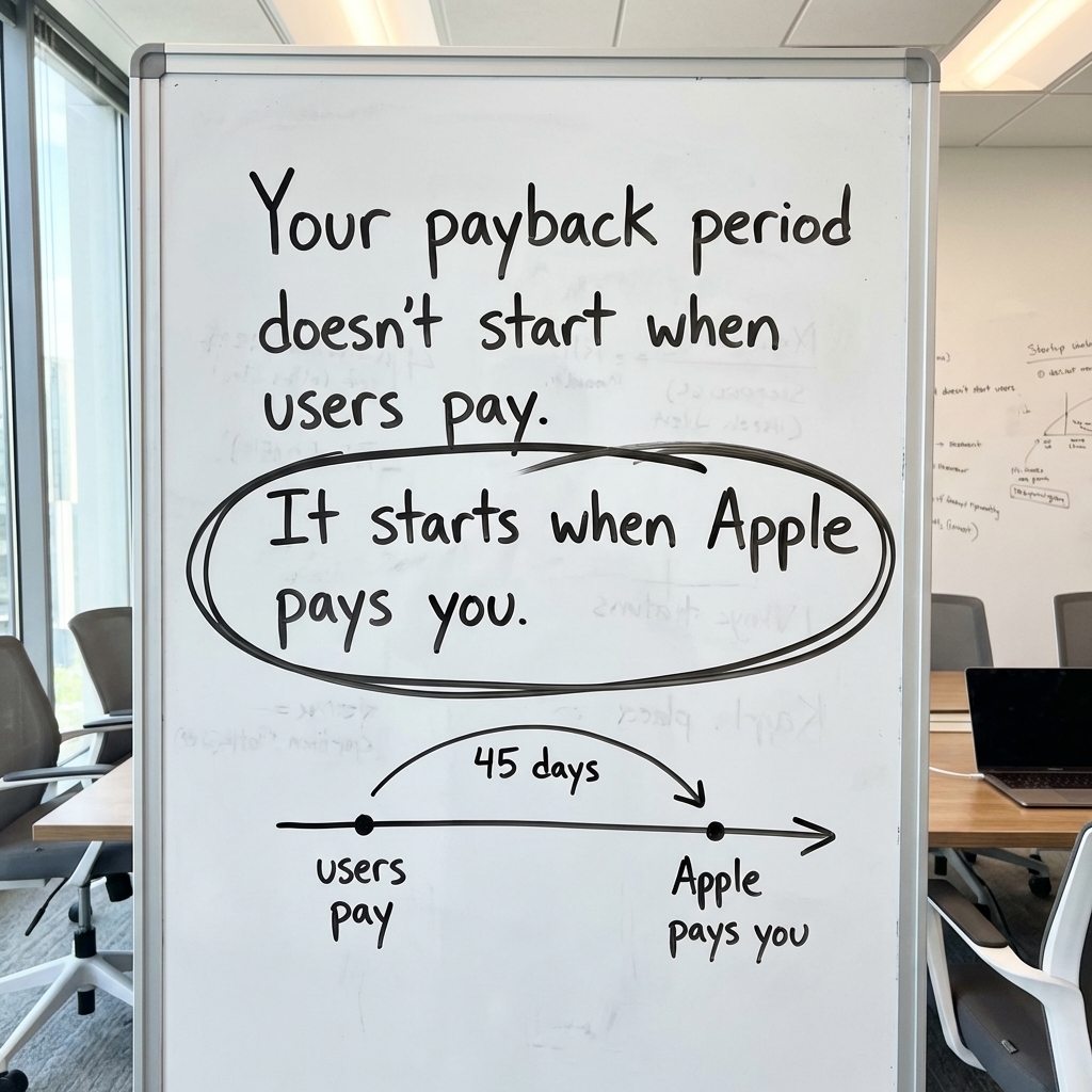 Whiteboard showing the 45-day timeline from when users pay to when Apple pays you